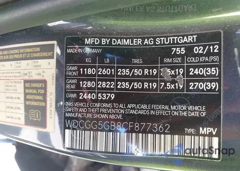 2012 Mercedes-Benz Glk 350 from USA, damaged, VIN WDCGG5GB8CF877362